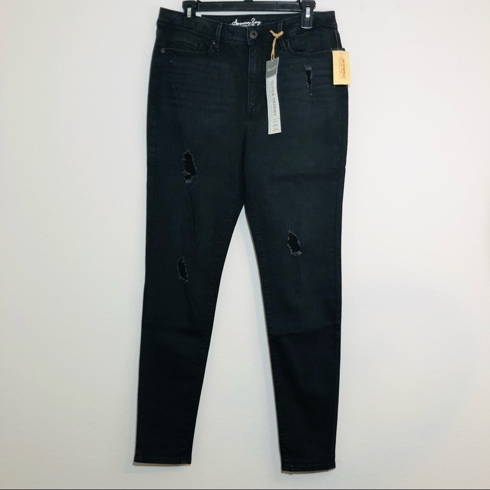 NWT American Rag Black Factory Whiskering Distressed Super Skinny Jeans size 13
